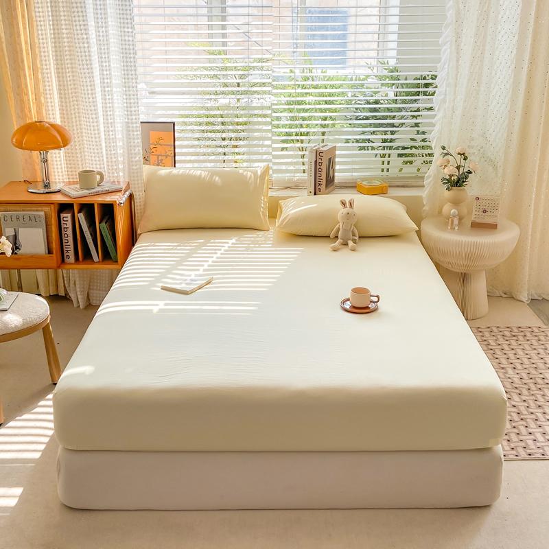 Simple Solid Color Blue Fitted Sheet Set 3Pcs Japanese Style Mattress Cover Skin-friendly Breathable Queen Size Bedding Set