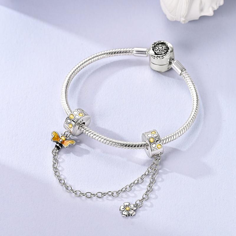 925 Silver Travel Bee Safety Chain Pendant Charms Fit 925 Bracelet Necklace For Women DIY Gift Jewellery