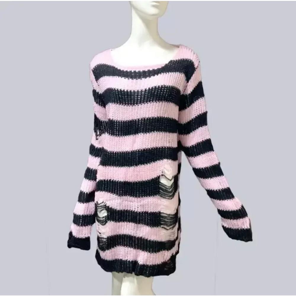 New Goth Punk Gothic Sweater Oversized Pullovers Women Striped Cool Hollow Out Hole Broken Jumper Harajuku Aesthetics Sweater