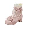 Fashion Bow Ankle Boots Lace Up Chunky Heel Sweet Lolita Shoes Sissy Men Halloween Cosplay Princess Maid Booties String Bead
