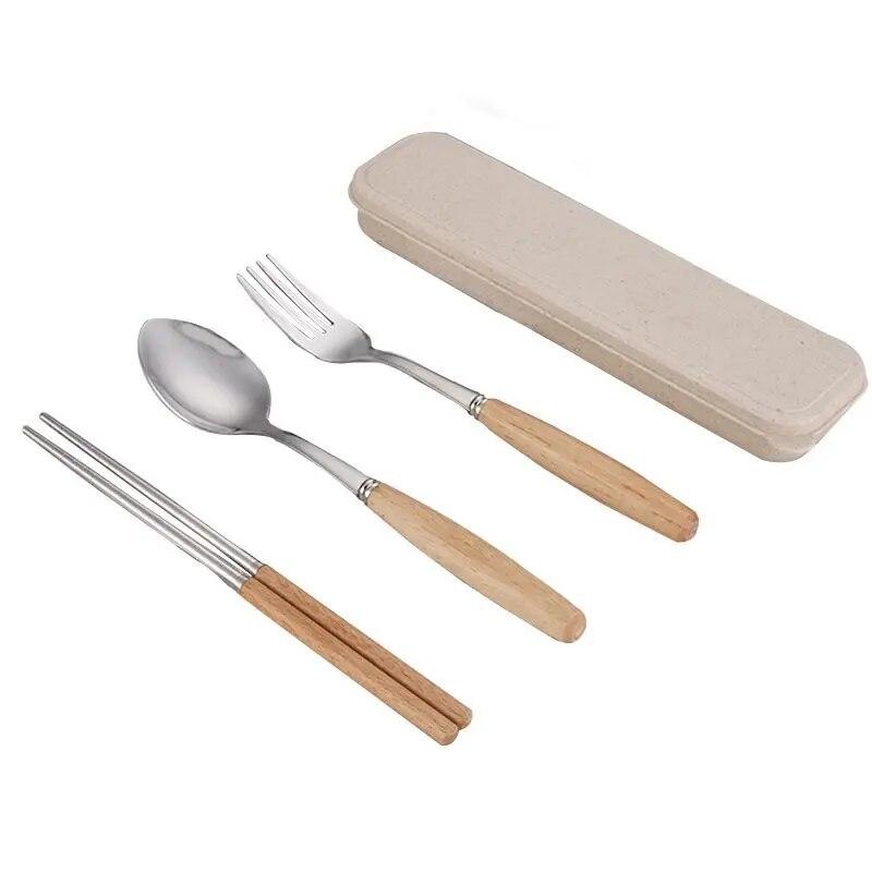 1 набор креативных столовых приборов из нержавеющей стали с деревянной ручкой и переносной набор из трех предметов: ложки, вилки и палочки для еды с коробкой