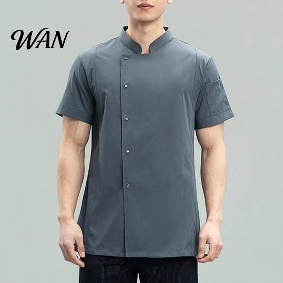 Lightweight Chef Jacket Uniform Stand Collar Short Sleeve Coat with Pockets Single-Breasted Buttons Solid Color Workwear Professional Apparel Women