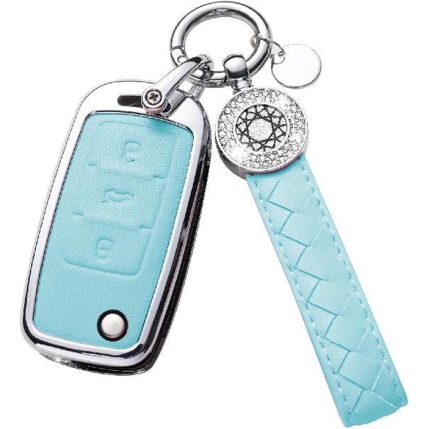 for Volvo Key Fob Cover with Keychain, Blue Leather Rhinestone Key Case Protection Shell Compatible with XC90, XC60, XC40, S60, S90, V60, V90,