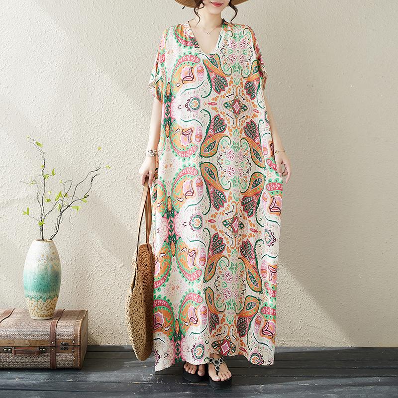 Dimanaf 2024 Plus Size Dress Women Summer V-Neck Sundress Bohemian Floral Print Loose Big Oversize Maxi Dress 5499