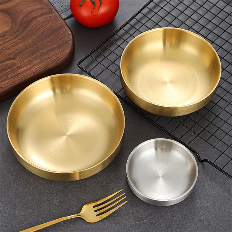 Double-layer Korea 304 Stainless Steel Bowls Rice Noodle Dishes Insulated Lunch Tableware Golden Restaurant Kitchen Supplies