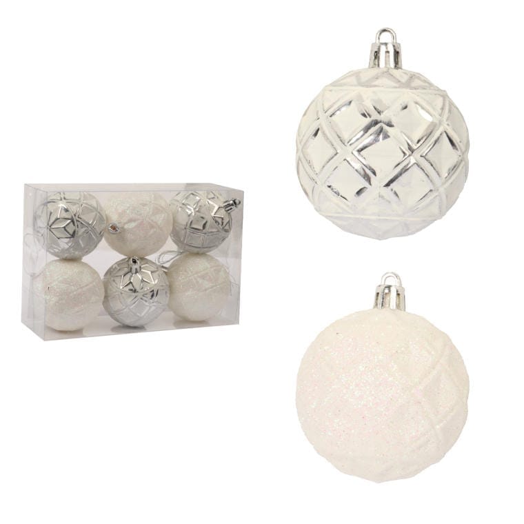 Set of 6 White Plastic Baubles with Embossed Diamond Pattern - 3 Silver-Plated, 3 Glitter, Diameter 6 cm