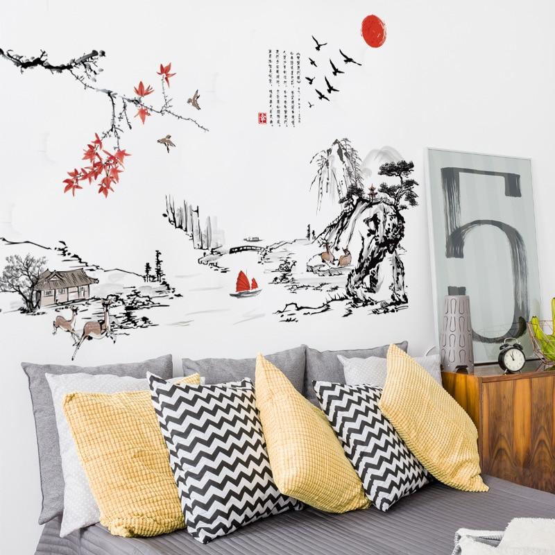 Chinese Style Ink Painting Landscape Art Wall Stickers Living Room Bedroom Background for Home Decoration Mural Decals Wallpaper