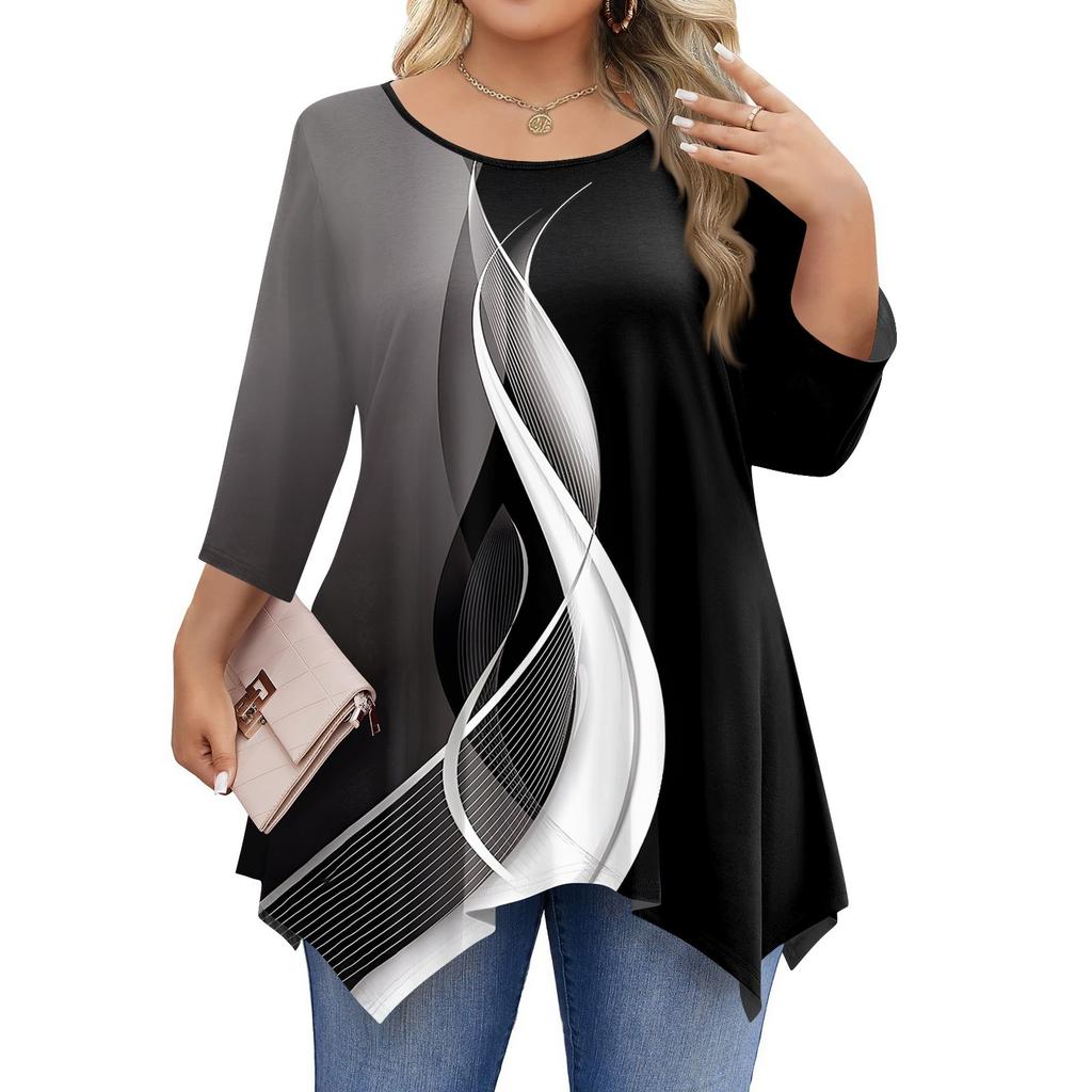 Womens Plus Size 3/4 Sleeve Shirts Round Neck Tunic Tops Basic Loose Fit Tee Tops L-5XL