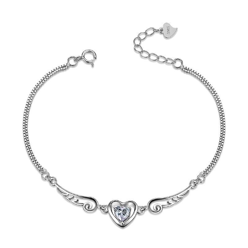 925 Silver Crystal Beaded Bracelet with Angel Wing & Heart Charm, Korean Style Double Layer for Women - Perfect Christmas Gift or Couple's Jewelry