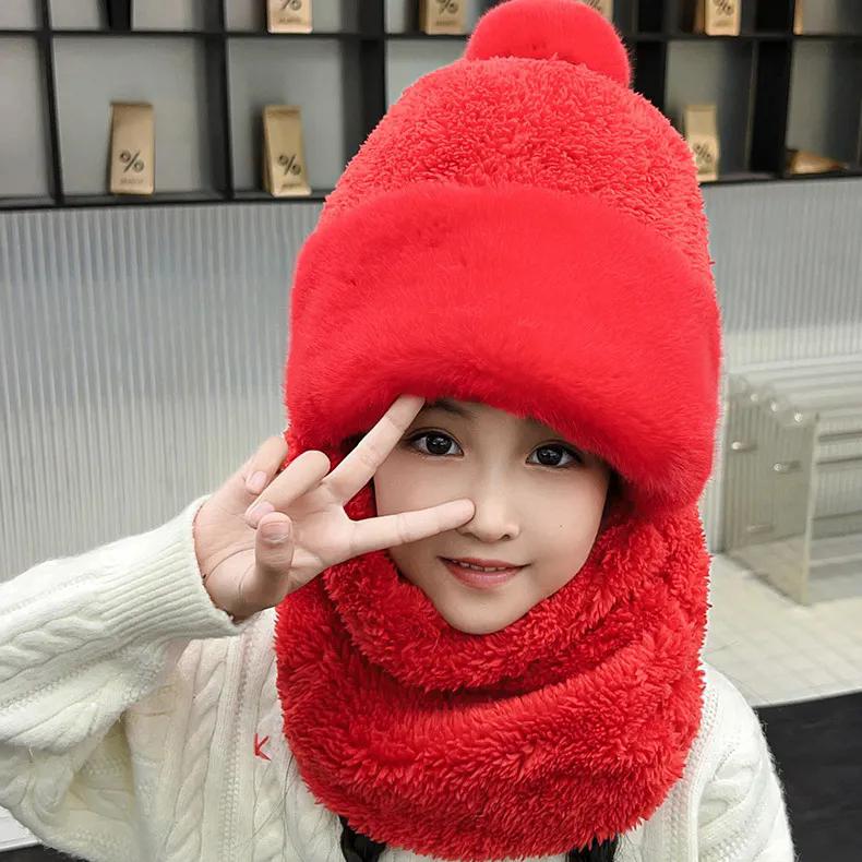 Зимняя шапка для девочек, защита ушей, ветрозащитный шарф для езды на велосипеде, корейский шарф, цельные шапки для детей, толстый бархат, теплая шапка для головы