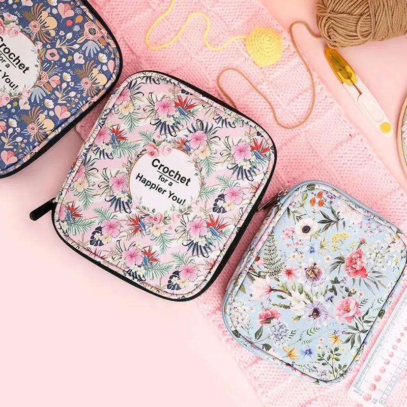 1pc Floral Hand Knitting Kit Crochet Hook Zip Waterproof Storage Bag DIY Printing Storage Bag Jumper Needle Set Storage Bag