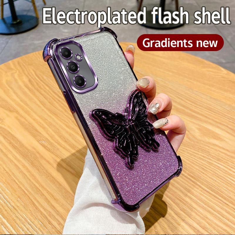 Противоударный чехол для телефона с покрытием и подставкой-бабочкой для Samsung Galaxy A06 A16 A05 A05S A15 A25 A35 A55 A54 A53 5G, блестящая мягкая накладка