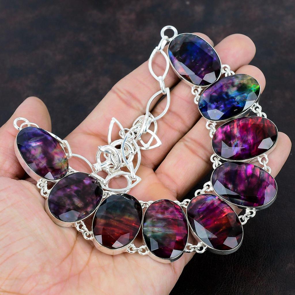 Faceted Ammolite Necklace 925 Sterling Silver Necklace Handmade Adjustable Chain Necklace Gemstone Jewelry Gifts For Wife Brand New Necklace