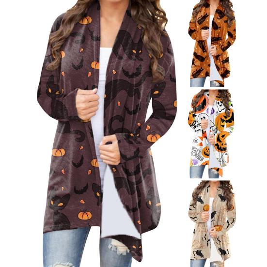 Halloween Jacket Long Sleeve Open Stitch Soft Stylish Cat Printed Pumpkin for Party
