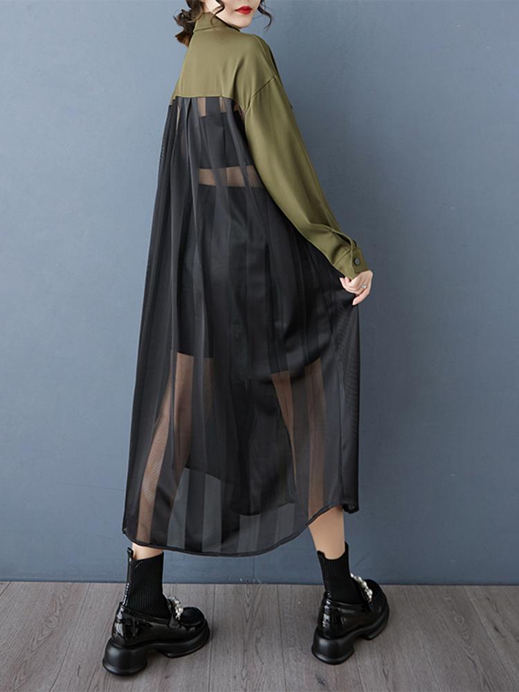 Xitao Однобортное платье с длинными рукавами и сетчатым узором в стиле пэчворк GYX1567