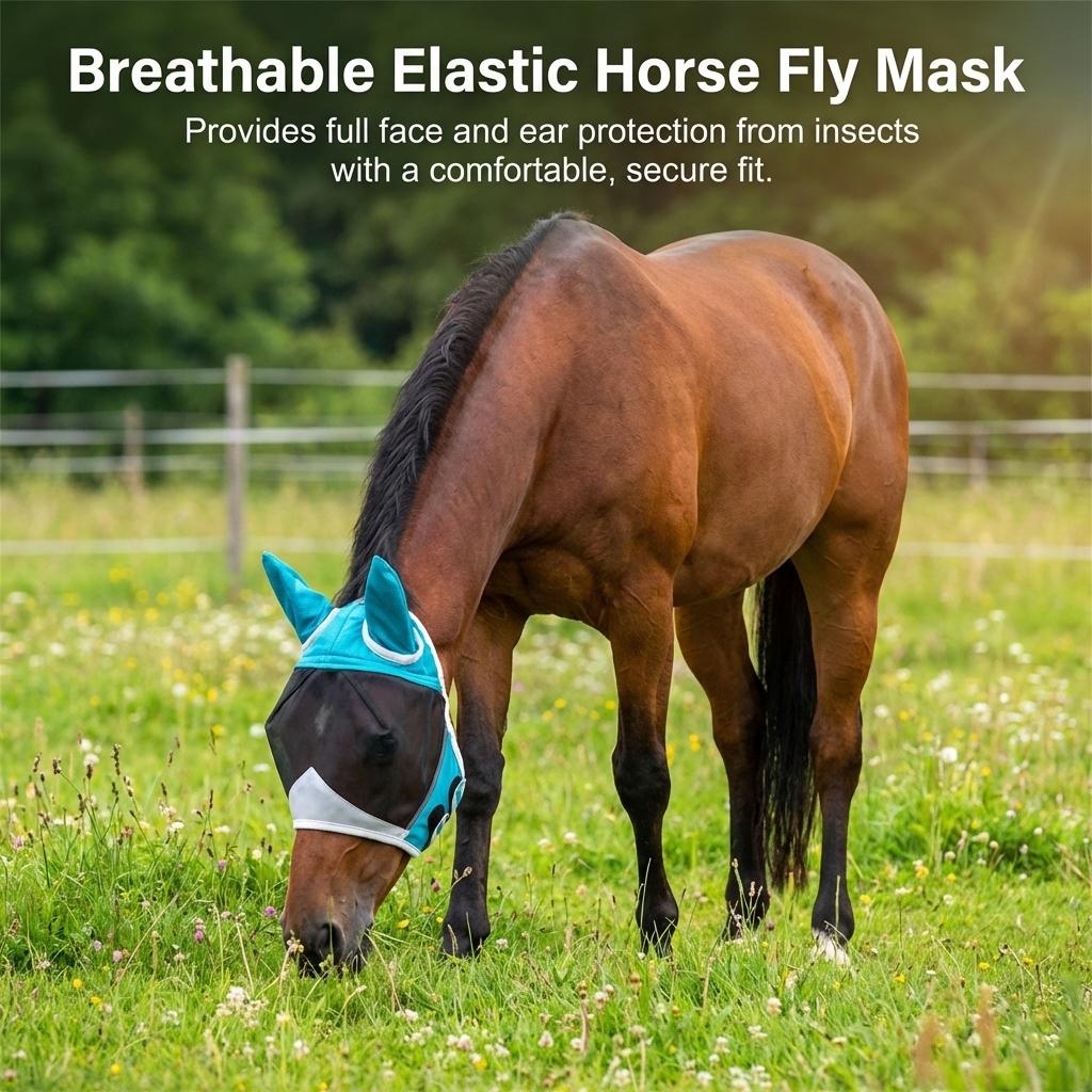 Horse Fly Mask With Breathable Mesh Elastic Design For Horse Outdoor Riding And Training UV Protection