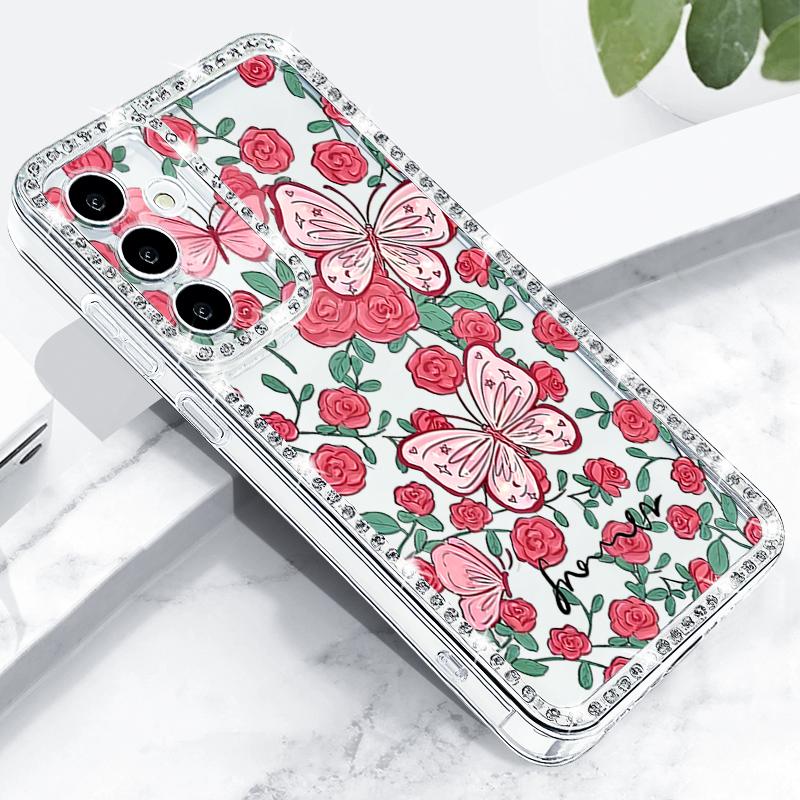 Чехол с узором «Цветы-бабочки» для Samsung Galaxy A56 A36 A26 A16 5G A55 A35 A25 A15 A54 A34 A14 S21 FE S22 S23 S24 Plus S25 Ultra Алмазное покрытие