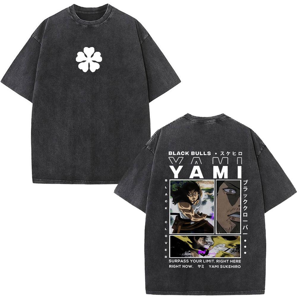 Washed Anime Black Clover Logo Graphic Print T-shirt Harajuku Summer Fashion Casual Cotton Oversized T-shirts Tops Streetwear