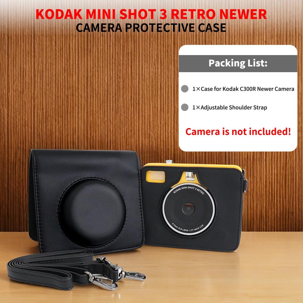 HIYQIN Protective Case for Kodak C300R/Mini Shot 3 Retro 2-in-1 Camera, PU Leather Bag with Adjustable Shoulder Strap - Black