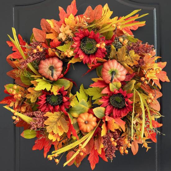 18 Inch Fall Wreath for Front Door Large Autumn Wreath with Artificial Pumpkins Sunflowers Maple Leaves for Thanksgiving Farmhouse Porch Wall Decor