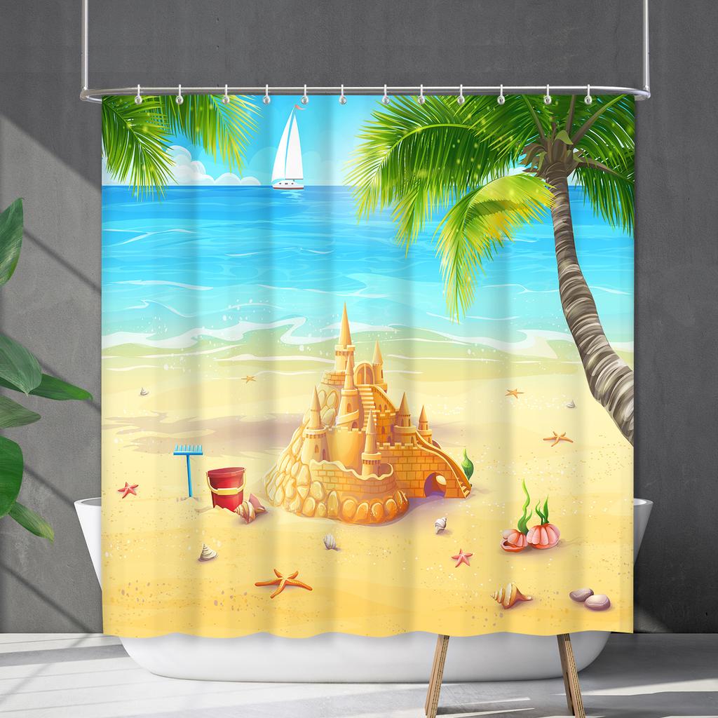 Shower Curtain Waterproof And Mildew-Proof Coconut Tree Beach Beach Bathroom Shower Curtain Shower Curtain Partition Curtain Free Punching