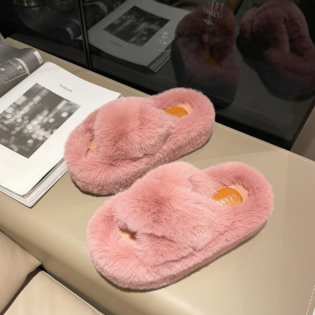Winter Women Home Indoor Casual Fuzzy Slippers Female Flip Flops Fluffy Shoes Cross Slides Ladies Soft Plush Slippers Size 35-41