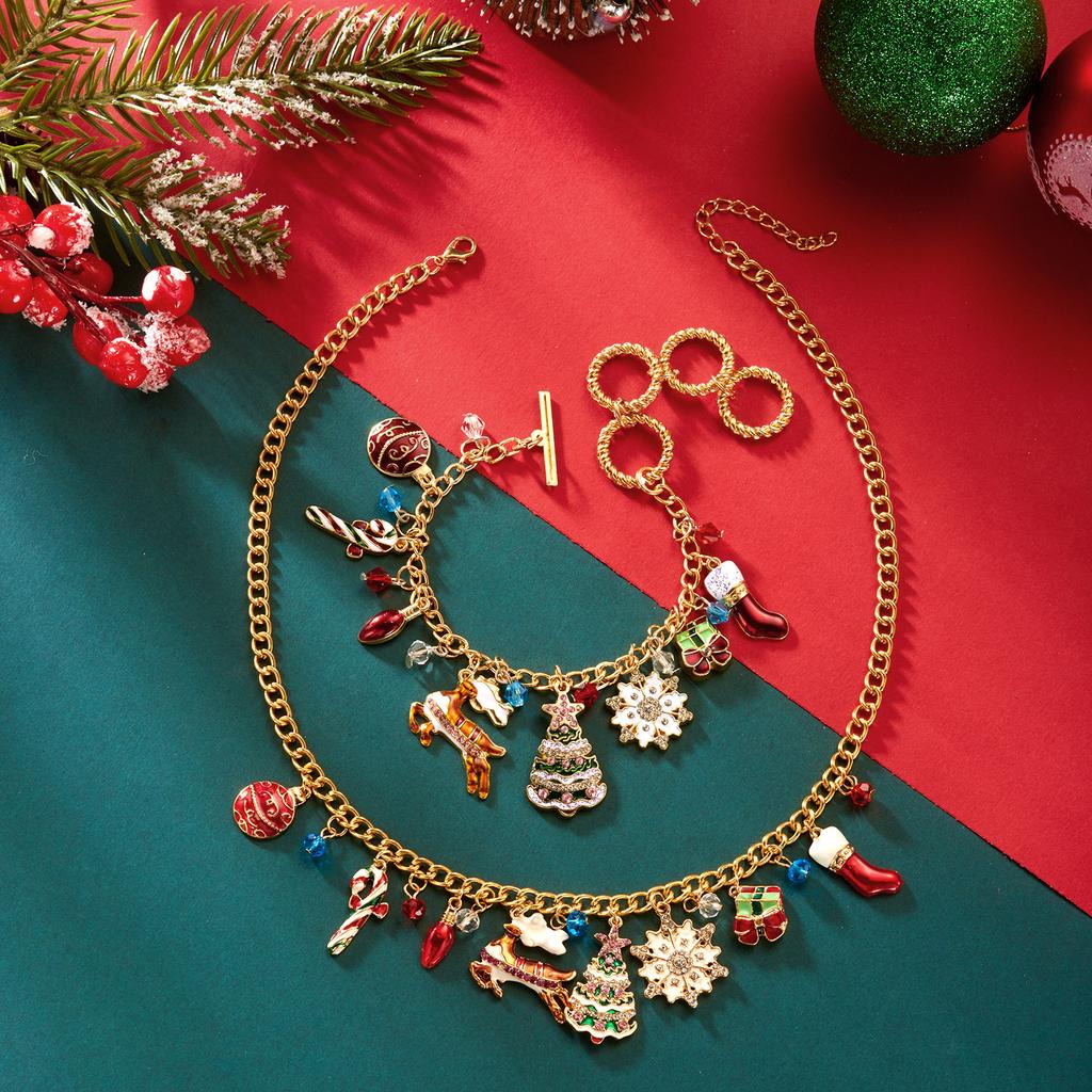 Cute Christmas Snowflake Gingerbread Man Bracelet Necklace Set for Women Romantic Snowman Bracelet Girls Party Jewelry Gift