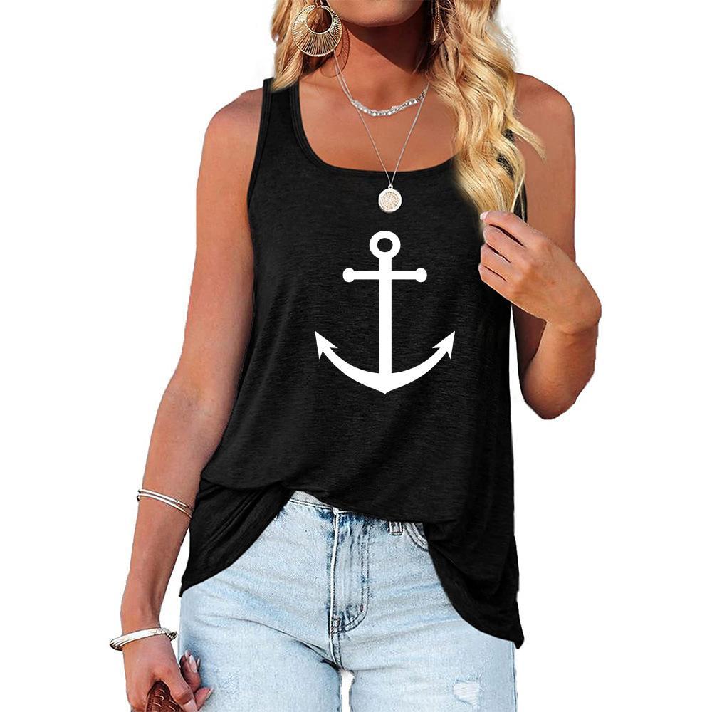 Женская повседневная майка с круглым воротником, летняя свободная майка с бретелью через шею, женская модная рубашка без рукавов с принтом якоря