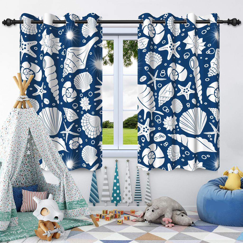 2 Pcs Sea Plants Shells Starfish Blackout Curtains Thermal Insulated Grommet Window Drapes Children Bedroom Living Room Decor
