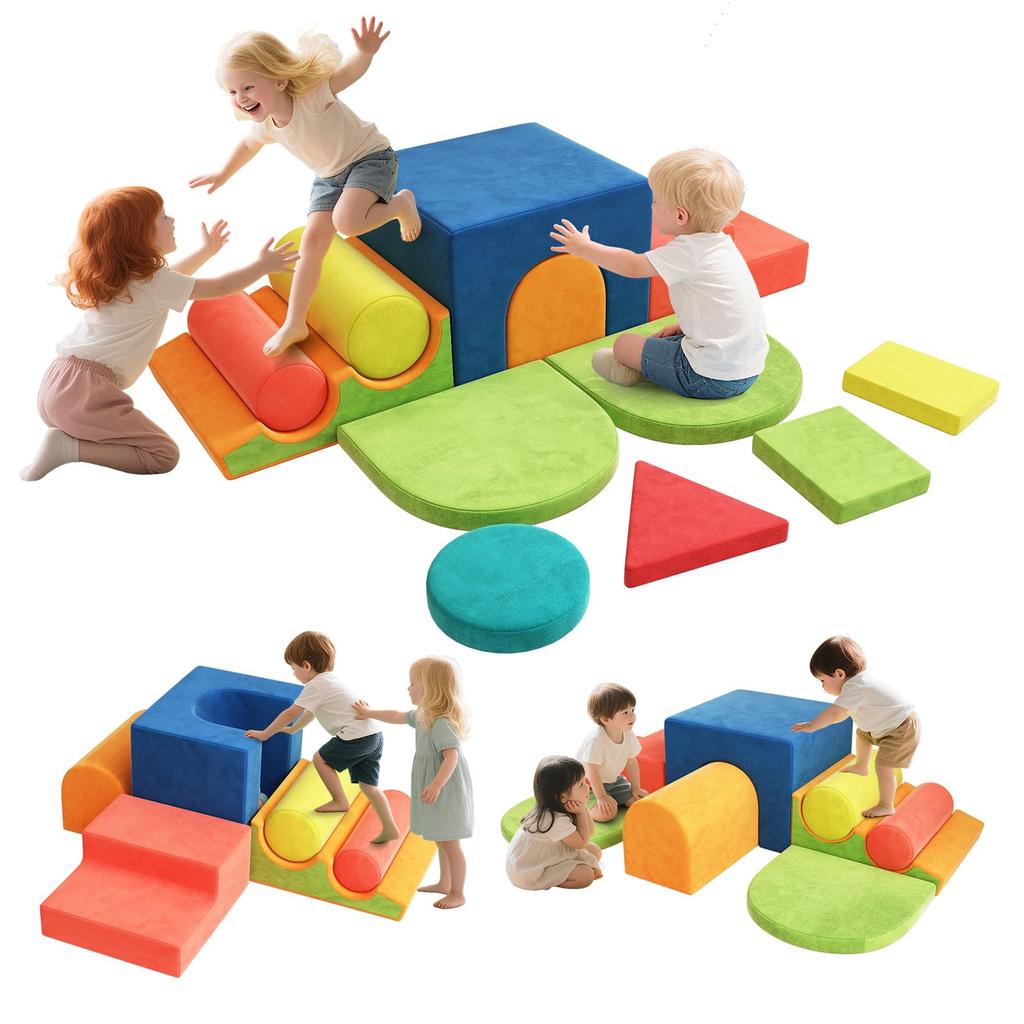 12-Piece Soft Block Set, Macaron Colors, Indoor Playground Equipment for Kids, Includes Jungle Gym and Slide, Cushion Play Equipment for Ages 1+