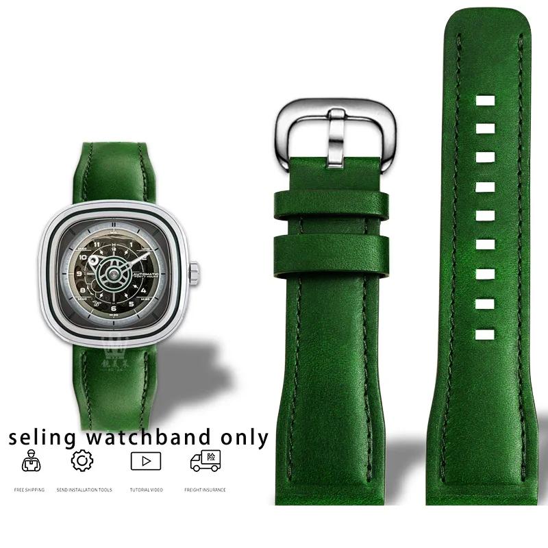 Cowhide Wristband for Sevenfriday Watch T1 T2 T3 Series Watch Strap 26mm Men's Wristband Bracelet Accessories brown green strap