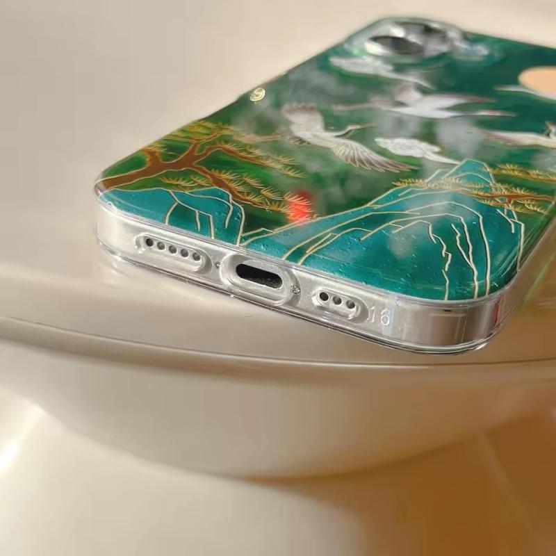 Благоприятный INS Зеленая Гора Китайский Стиль Журавль Кисточка Подвеска Чехол для Телефона для iPhone 17 16 15 14 13 Pro Max Задняя Крышка Телефона