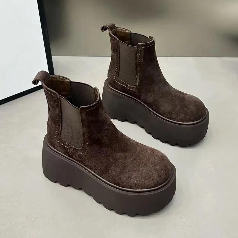 Ботильоны на платформе, женские замшевые туфли, брендовые повседневные ботинки челси, тренд 2024 года, высокие каблуки, зимние хлопковые удобные готические ботинки Mujer