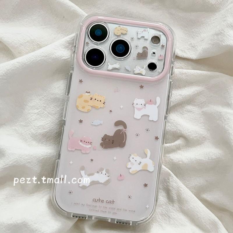 Милый Мультяшный Кот Чехол для Телефона с Ремешком на Запястье iPhone 17 Pro Max 16 15 14 13 12 Полное Покрытие Ударопрочный Силиконовый Чехол