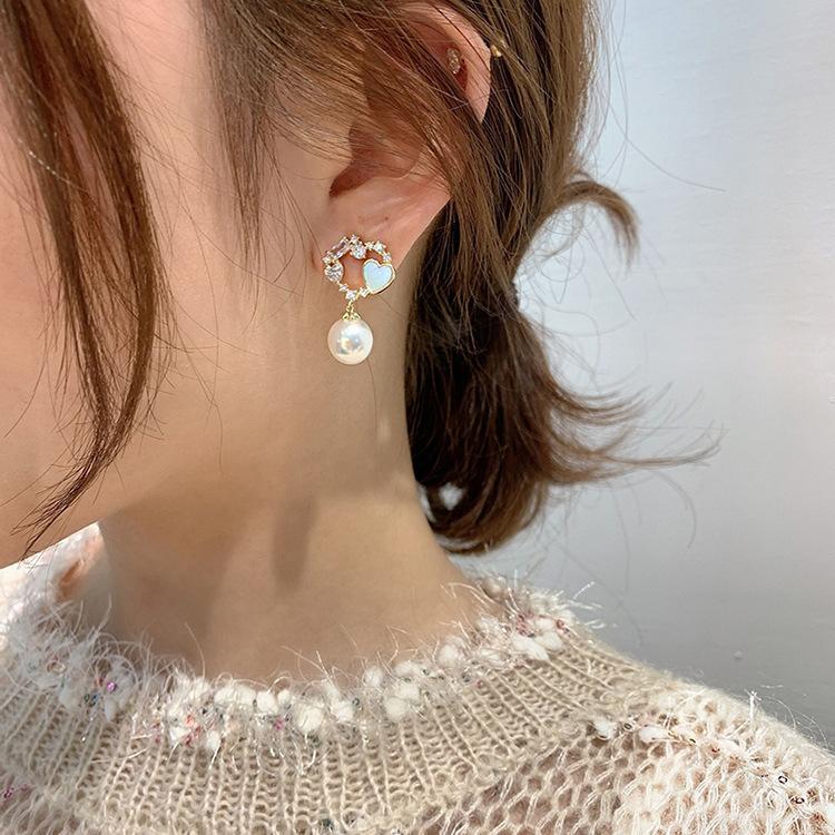 1010 new love pearl 911 silver needle Korean high-end sense rhinestone Internet celebrity temperament earrings pendant ear jewelry