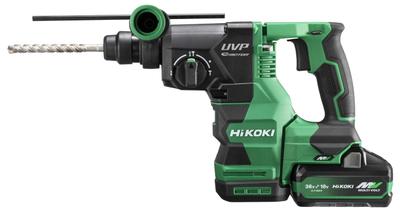 Аккумуляторная перфораторная дрель HiKOKI 36 В с хвостовиком SDS Plus, максимальный диаметр сверления 28 мм, возможна установка системы сбора пыли для бетона, 2 места для хранения 3