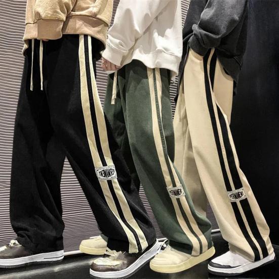 Men Pants Drawstring Elastic Waist Wide Leg Striped Retro Solid Color High Street Full Length Loose Soft Breathable Men Sweatpants Trousers