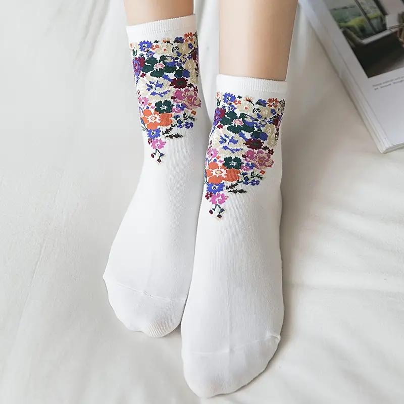 6 пар хлопковых носков средней длины с цветочным узором, женские носки и чулочно-носочные изделия
