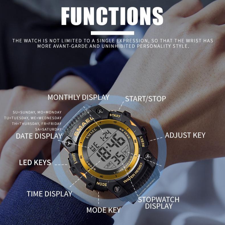Men's Waterproof Digital Sports Watch LED Display Shock Resistant Outdoor Wristwatch