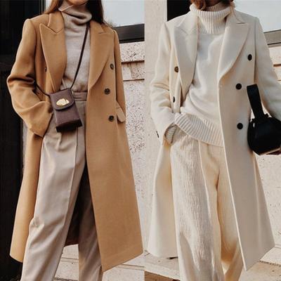 Двубортный шерстяной пиджак с лацканами, однотонное длинное шерстяное элегантное пальто с длинными рукавами, женская одежда