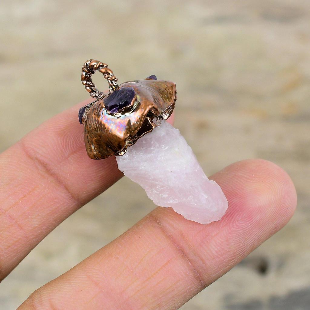 Rose Quartz Rough Pendant Electroformed Copper Pendant African Amethyst Rough Gemstone Pendant Electroformed Copper Jewelry Engagement Gift