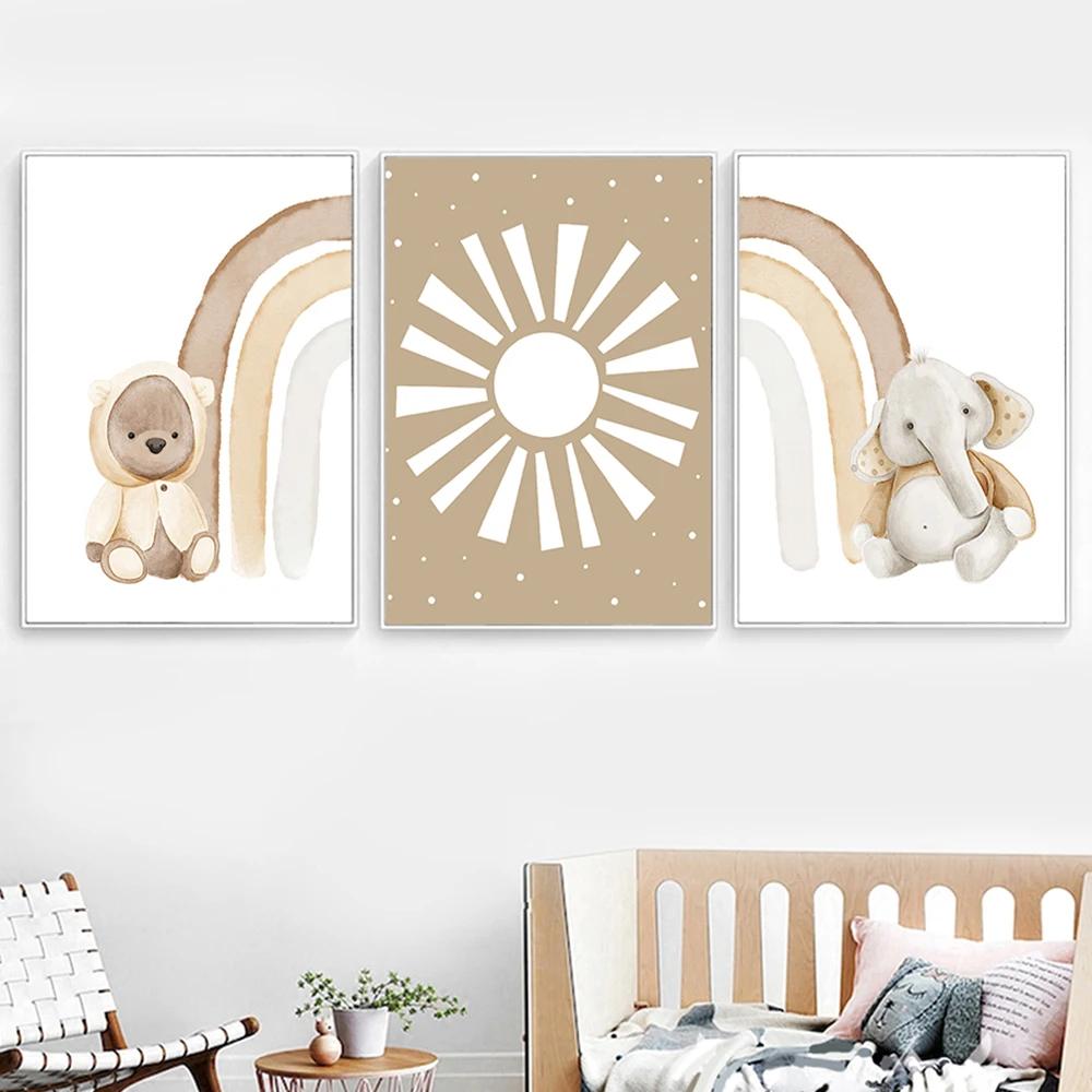 Монстера Медведь Слон Жираф Радуга Настенное Искусство Скандинавские Плакаты Картины На Холсте И Принты Детские Настенные Картины Декор Детской Комнаты