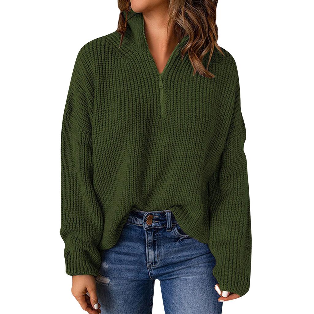 Женский пуловер с длинным рукавом и воротником-стойкой, свободный однотонный свитер с половиной молнии, эластичная водолазка, вязаные топы в рубчик