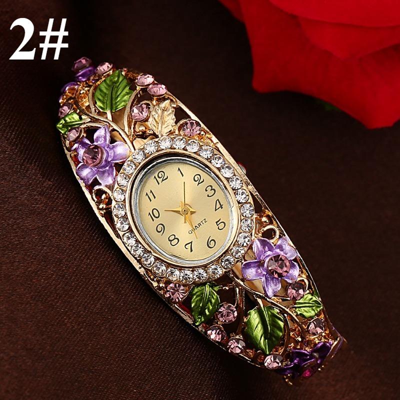 1шт браслет часы многоцветный кристалл цветочный узор браслет часы, деревенский аромат инкрустированный бриллиантами женский браслет