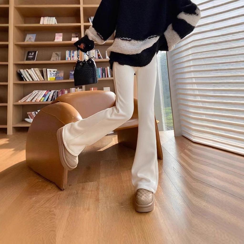 Женские брюки клеш на флисовой подкладке - С высокой посадкой, Облегающие, Трикотажные Повседневные для осени и зимы 2024