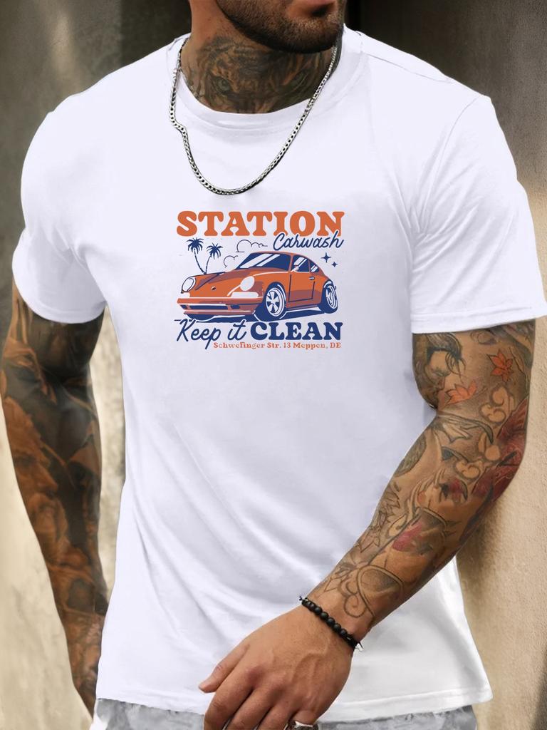 Short Sleeve TShirt Mens 100 Cotton Summer Round Neck White Carwash Station Graphic Print Casual Trendy Tee