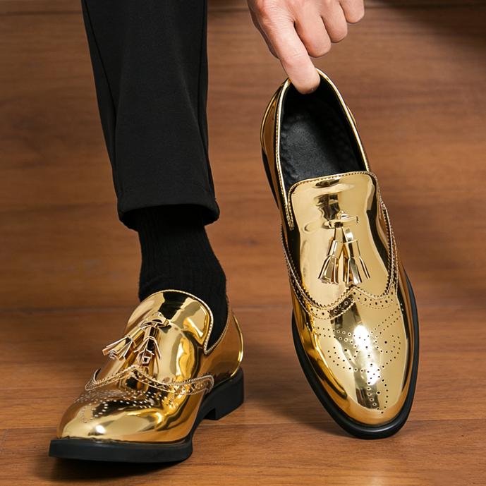 Роскошные Новые Брендовые Дизайнерские Туфли-Лоферы для Мужчин с Подвесками-Кисточками из Золотой Лакированной Кожи Свадебные Формальные Повседневные Формальная Обувь