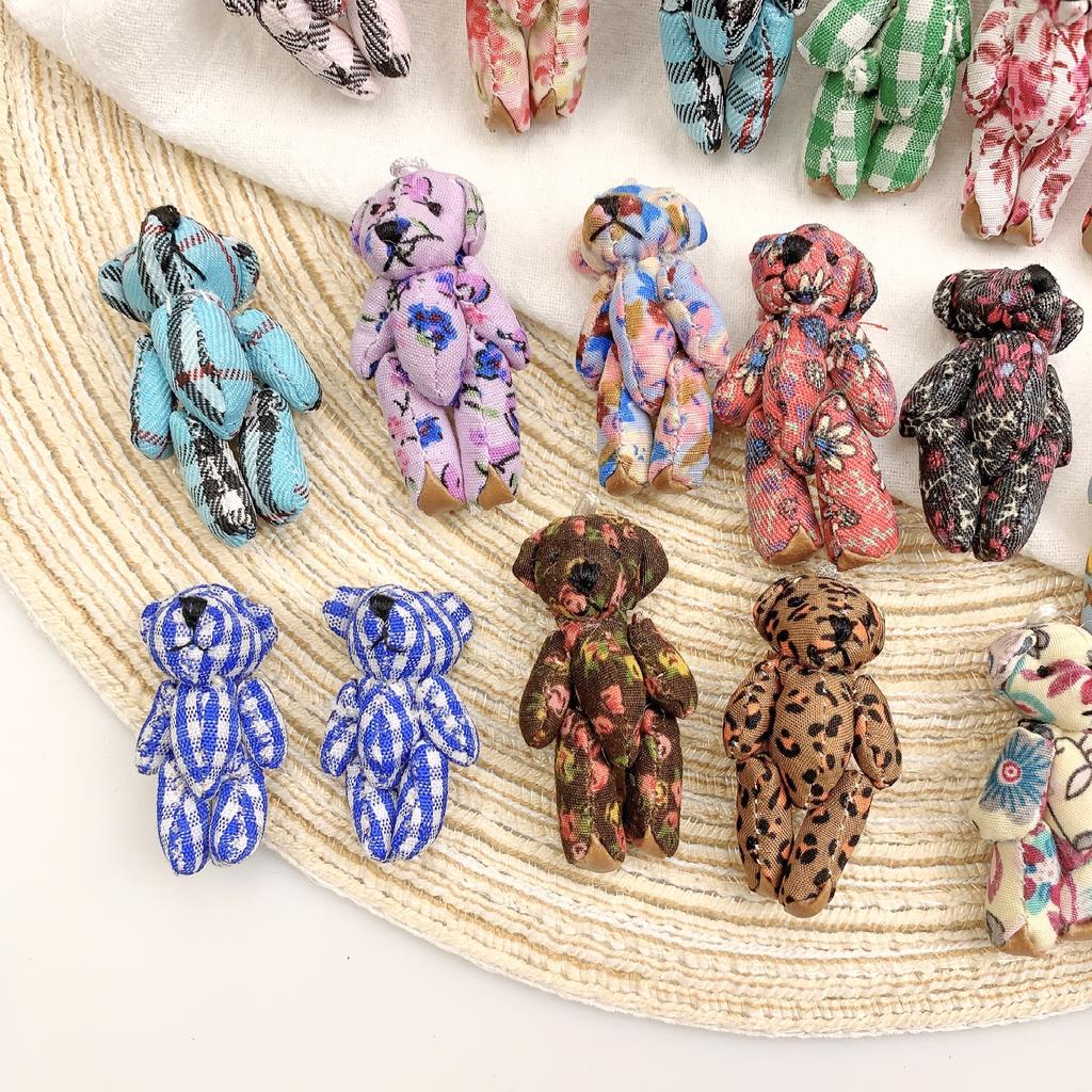 10pcs Kawaii Small Teddy Bears Plush Toy 4-4.5cm Floral Pattern Mini Joint Bear Stuffed Animal Doll Girl Keychain Christmas Gift