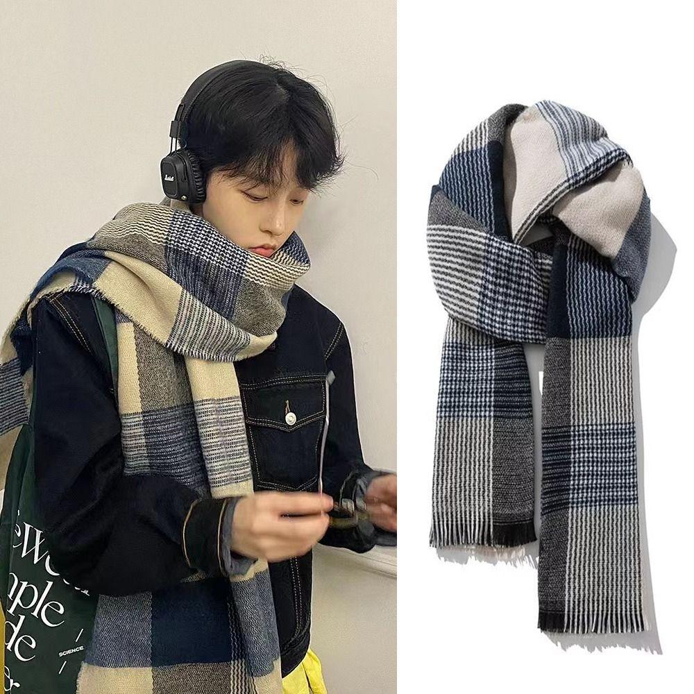 Korean Winter Plaid Scarf Thicken Checkered Scarf Fashion Men's Plaid Scarf Gifts