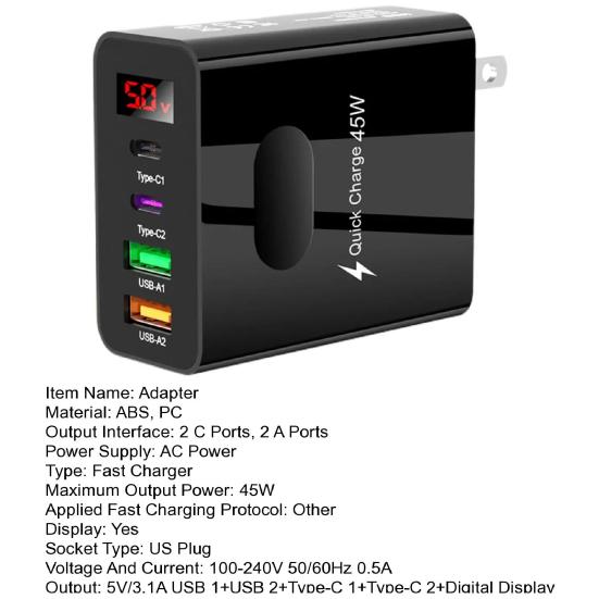 Зарядный адаптер для телефона Type-C USB 4 порта Быстрая зарядка 45 Вт Высокая мощность с цифровым дисплеем Зарядная головка с вилкой US для iPhone для Huawei